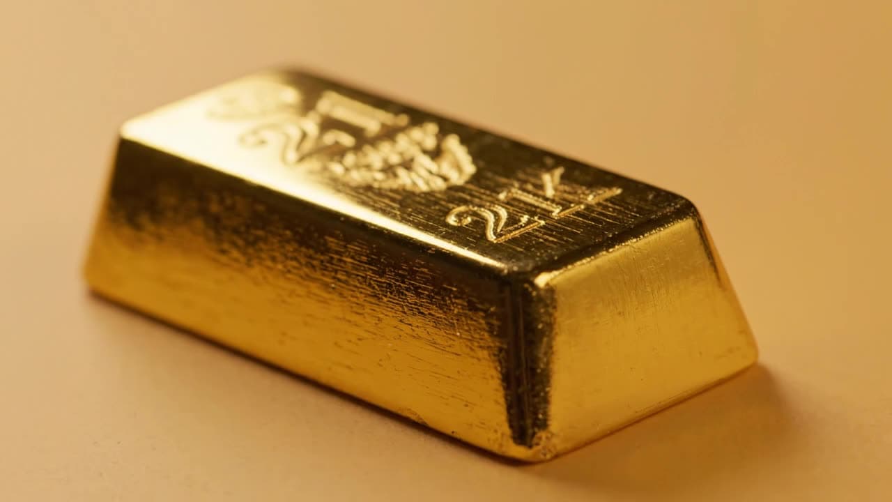 A 21 karat gold bar turning slowly against a warm sand background, light travelling across its surface.