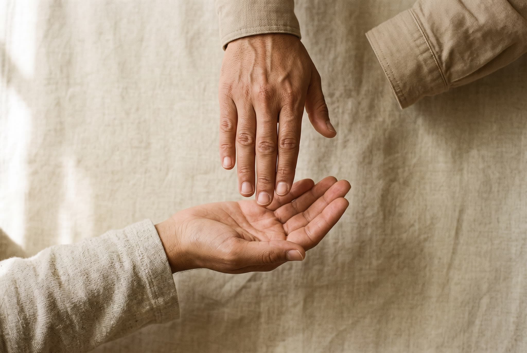 Two empty hands meeting, seen from above: one open palm offering, the other receiving.